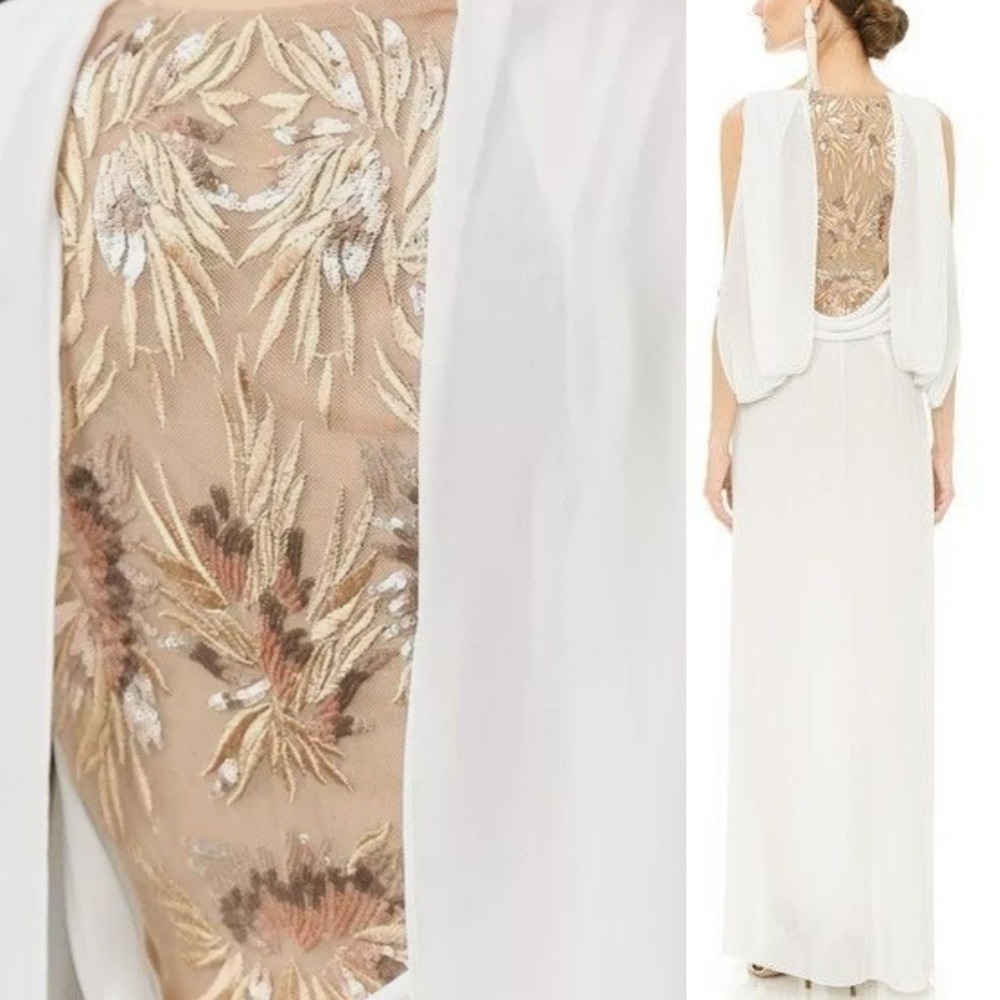 BCBGMAXAZRIA White Embellished Back Draped Maxi Dress Formal Event Size 0